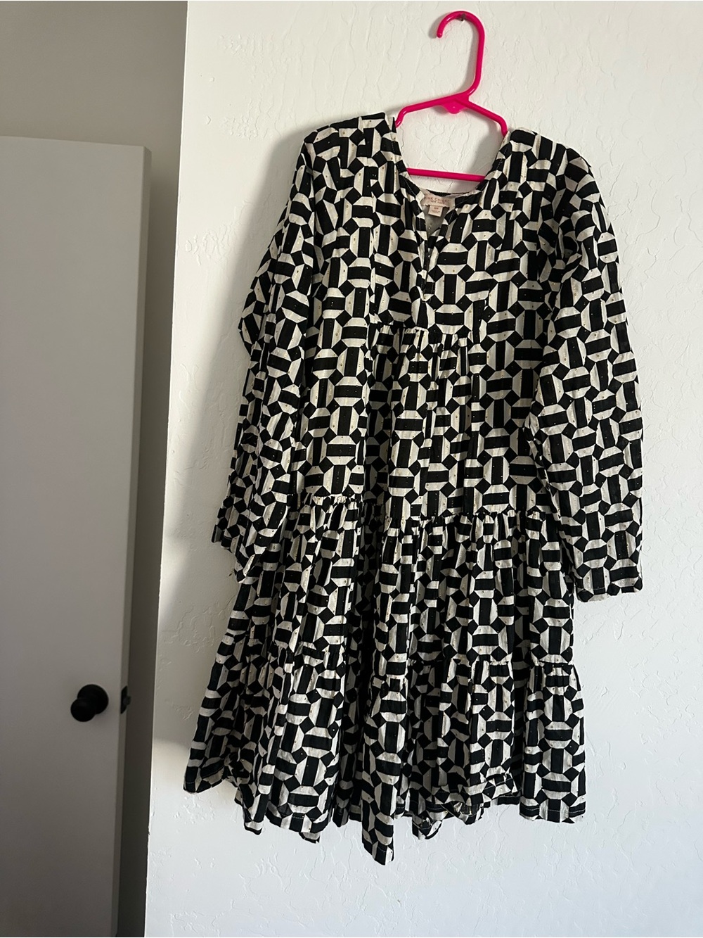 Pink Chicken Black and White Geometric Tiered Dress